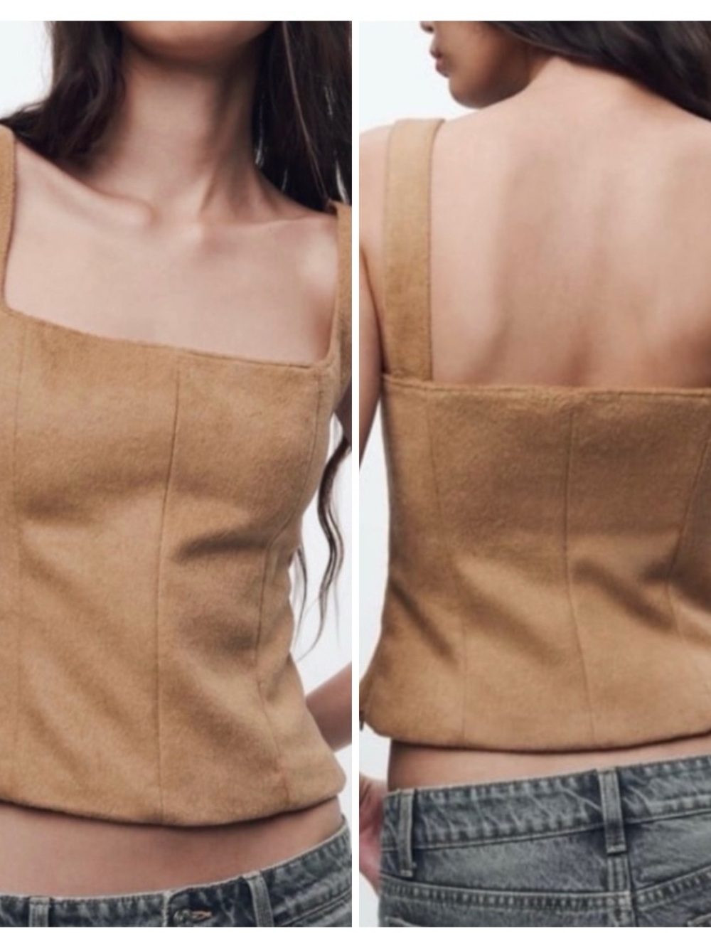 Zara Camel Faux Suede Square-Neck Camisole Top